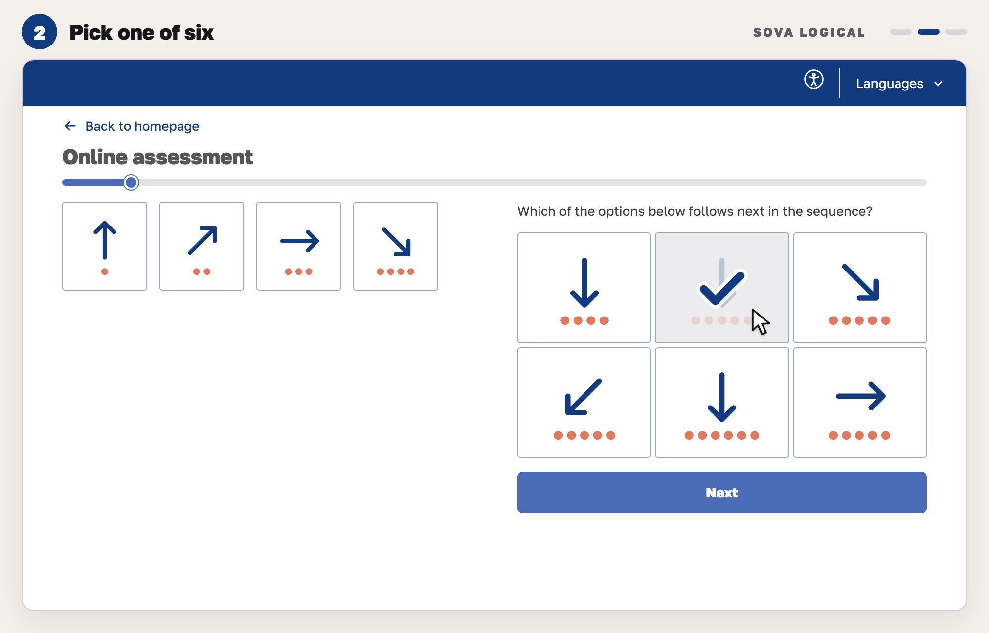 Our drawing of the same logical question with the middle option on the top row picked: it is faded with a large tick over it, and Next is now blue.