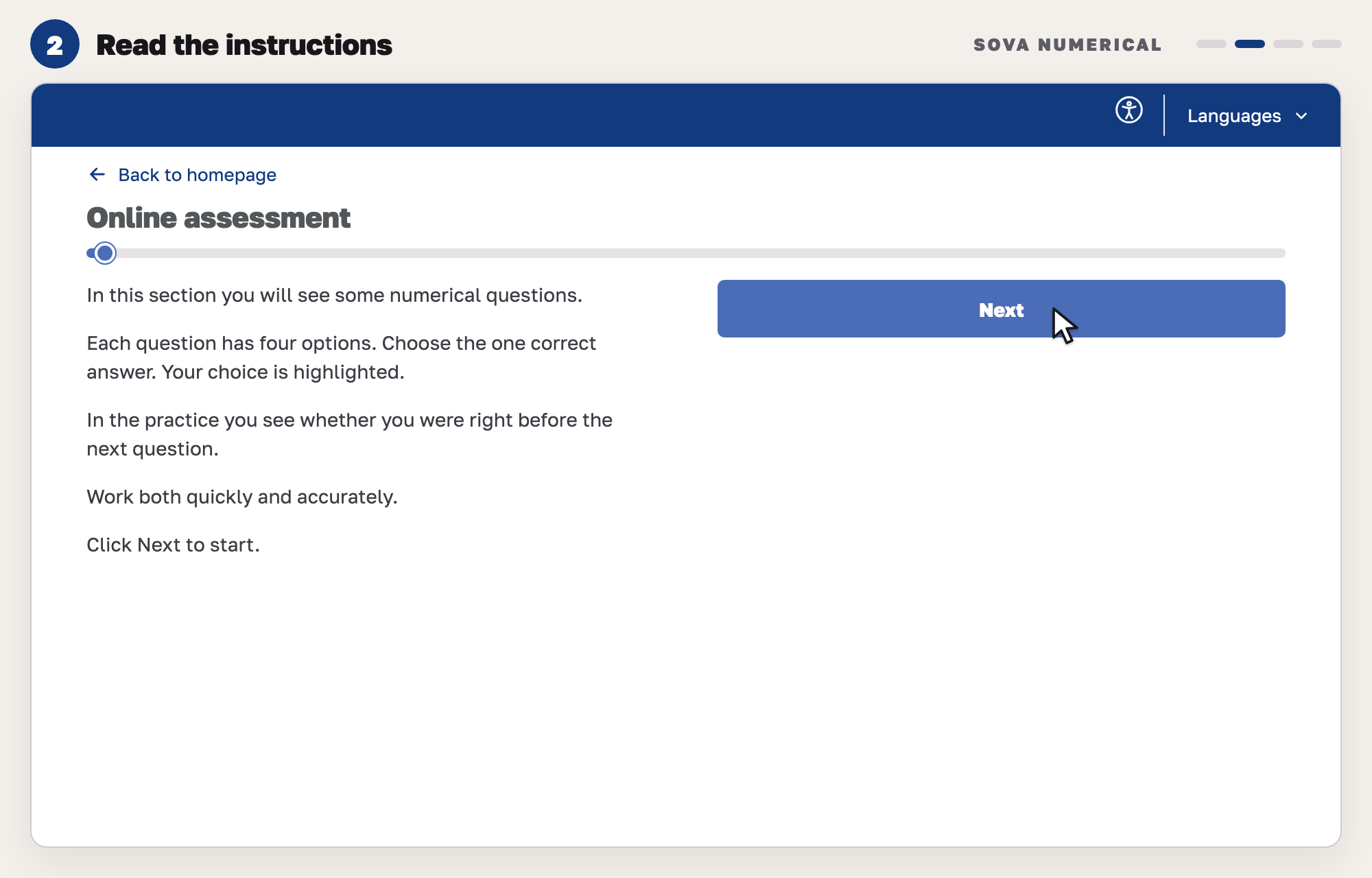 Our drawing of the numerical instructions screen: five short lines on the left say each question has four options and to work quickly and accurately, with a wide blue Next button on the right.